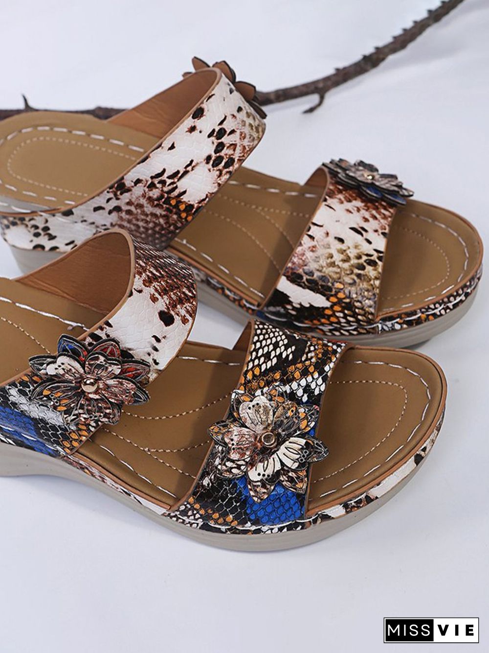 3D Floral Snake Print Wedge Sandals Slippers