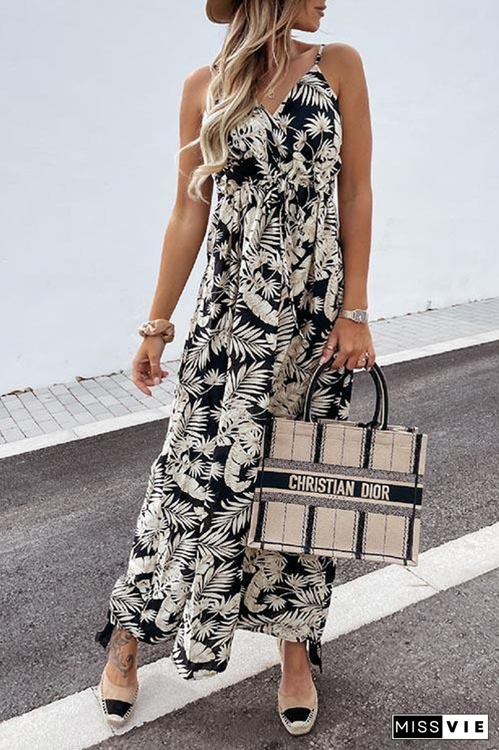 Summer Leaf Print Suspender Maxi Dress