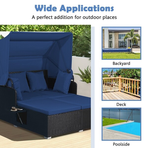 Costway Patio Rattan Daybed Lounge Retractable Top Canopy Side Tables