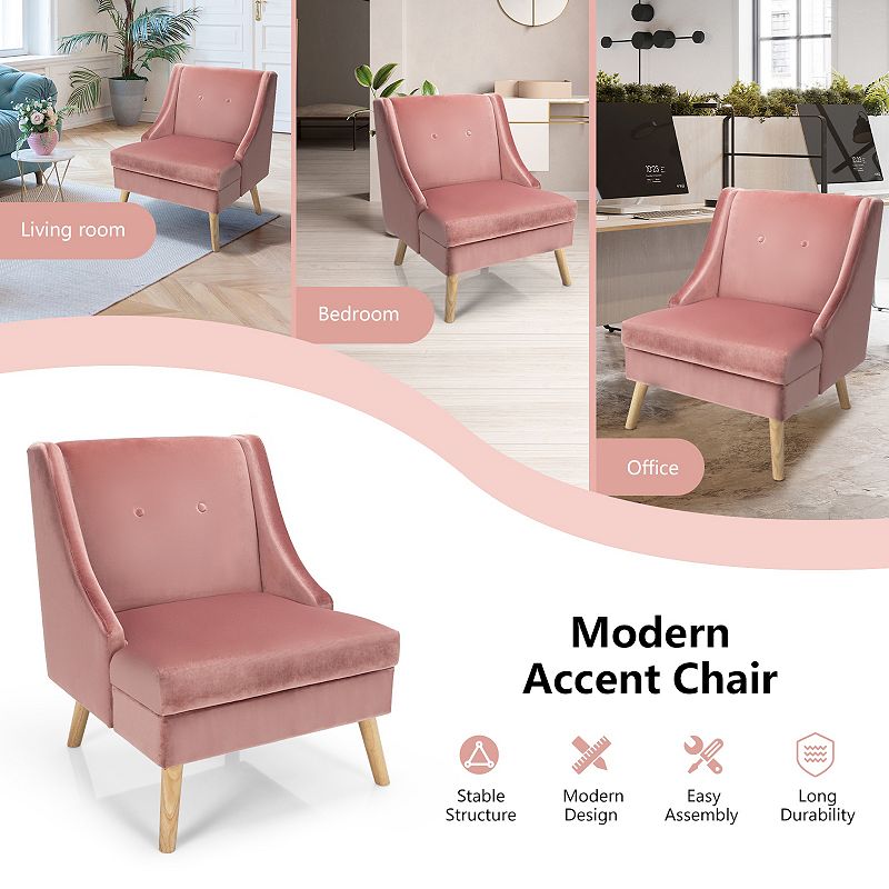 Velvet Wing Back Accent Chair with Rubber Wood Legs and Padded Seat for Living Room-Pink