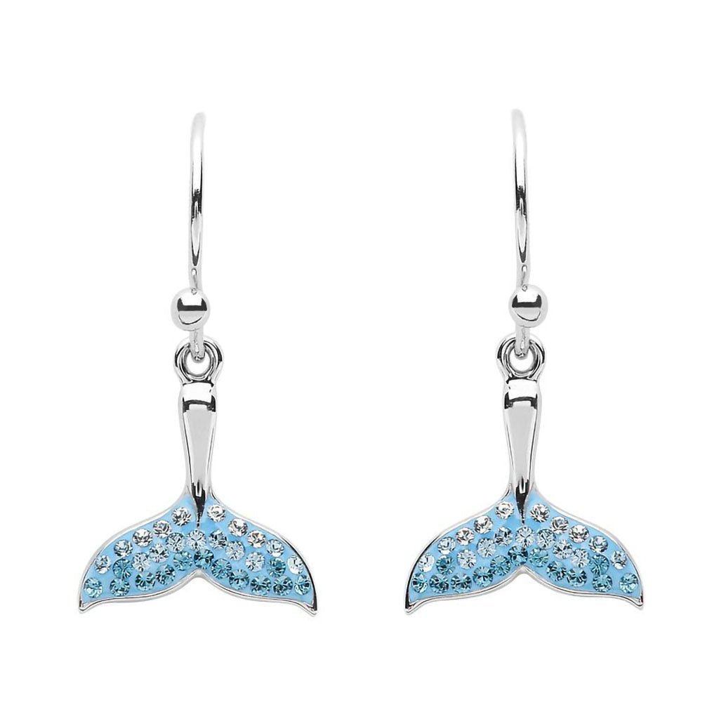 Ocean  Whale Tail Drop Aqua Earrings With Crystals