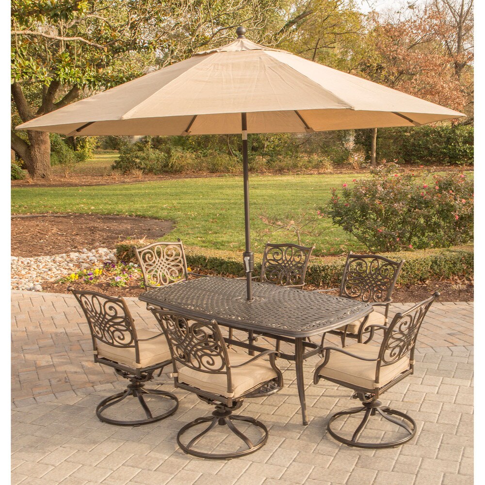 Hanover Traditions Tan Aluminum 7 piece Dining Set with Umbrella and Stand