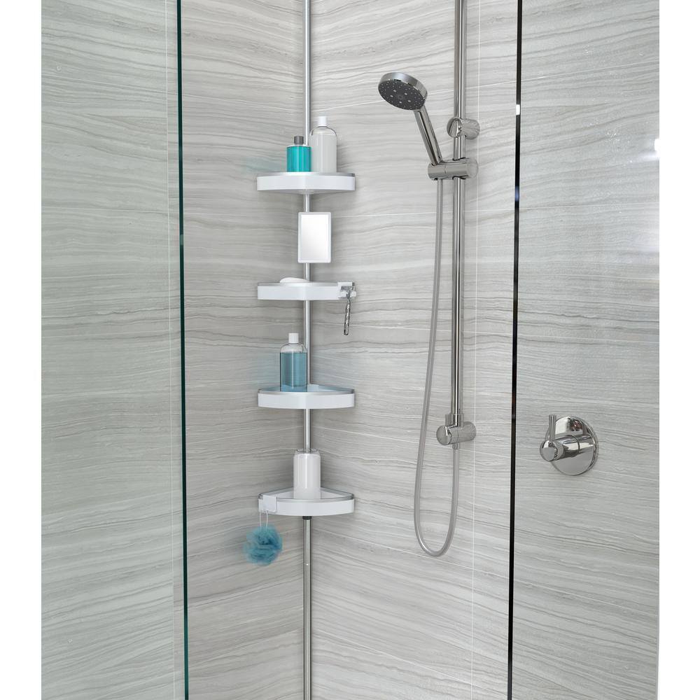 Better Living HiRISE 4 Tension Shower Caddy with Mirror White with Aluminum 70054