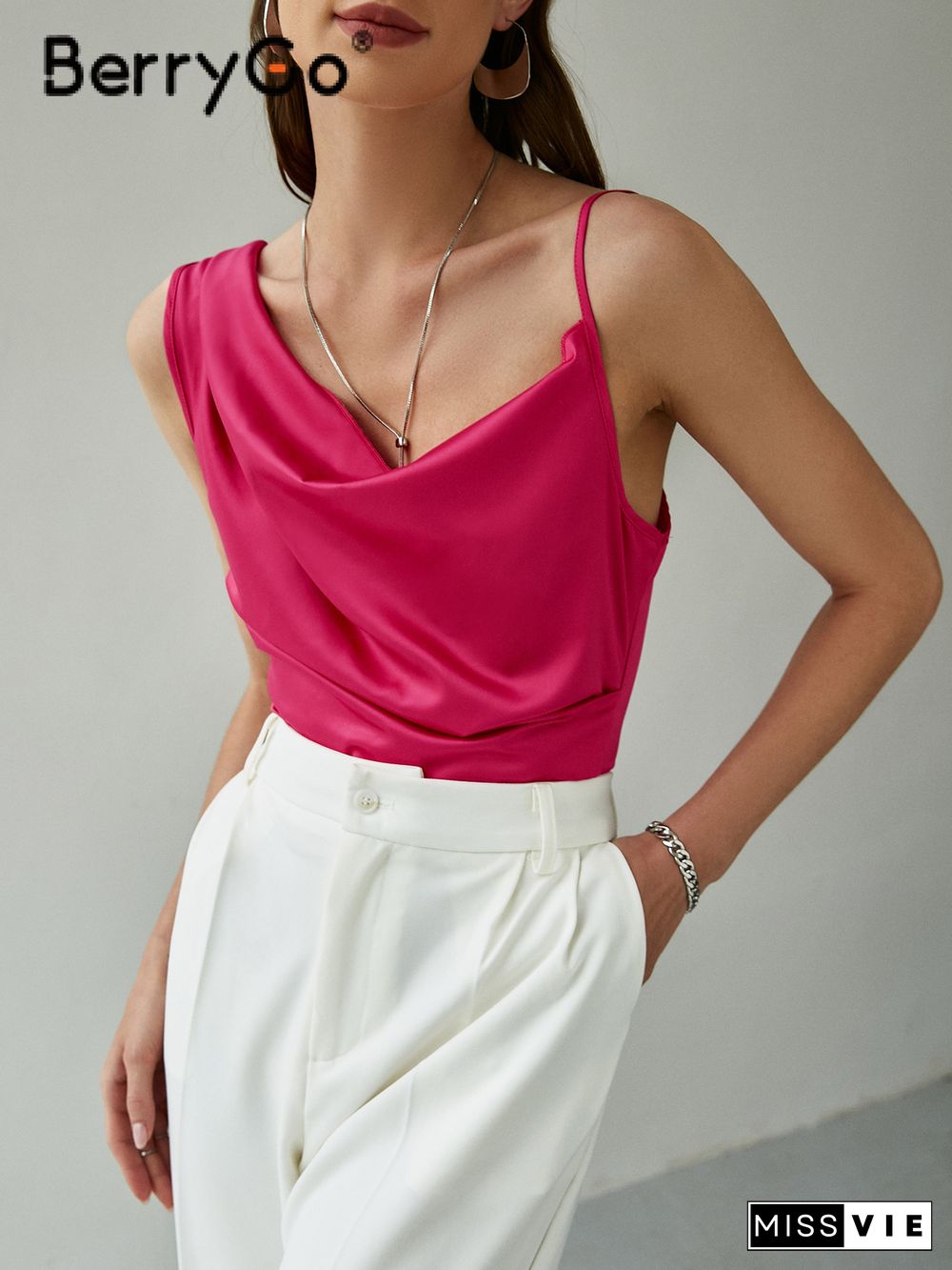 Elegant Office Lady Silk Top Pink Summer Satin Crop Top With Irregular Straps Fashion Zipper Pure Tank Top Women