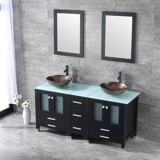 walsport 60 in. W x 21.5 in. D x 61 in. H Double Sinks Bath Vanity in Black with Glass Top and Mirror 2*USBR4181+USBR4182+2*USBR1001