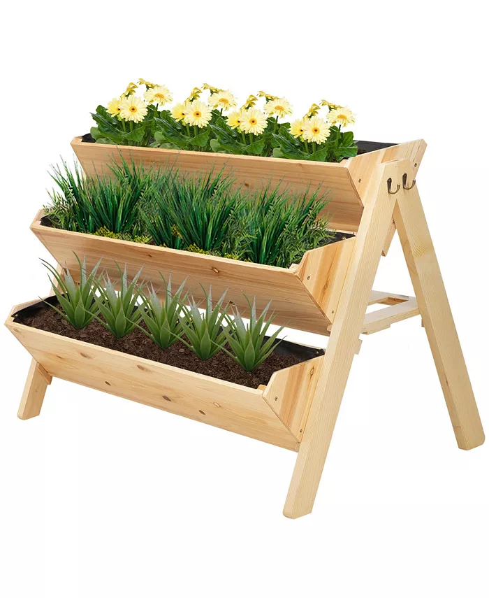 Outsunny 47 x 27 x 32 3-Tier Wood Raised Garden Bed with Clapboard for Tools