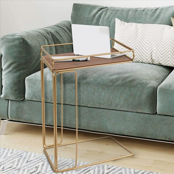 C Shaped Side Table with Metal Frame， Brown and Gold - Brown and Gold - 9.85 L x 16.15 W x 24.82 H Inches