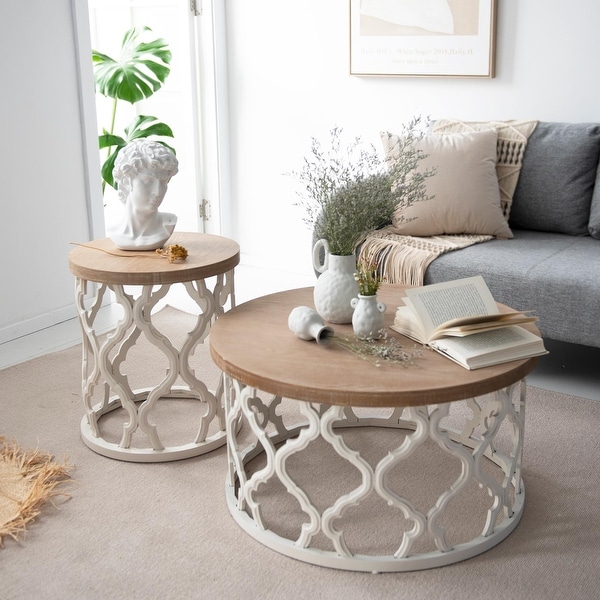 COZAYH Rustic Table， Distressed Wood Top Side Table with Curved Motif Frame Base for Boho， Farmhouse Decor