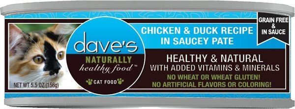 Dave's Pet Food Saucey Pate Chicken and Duck Recipe Wet Cat Food， 5.5-oz can， case of 24