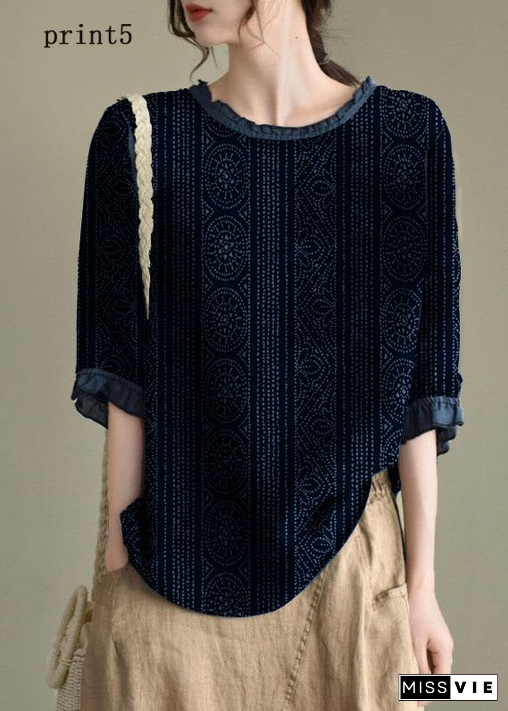 Handmade Navy lantern Sleeve O-Neck Embroideried Summer Ramie Blouses