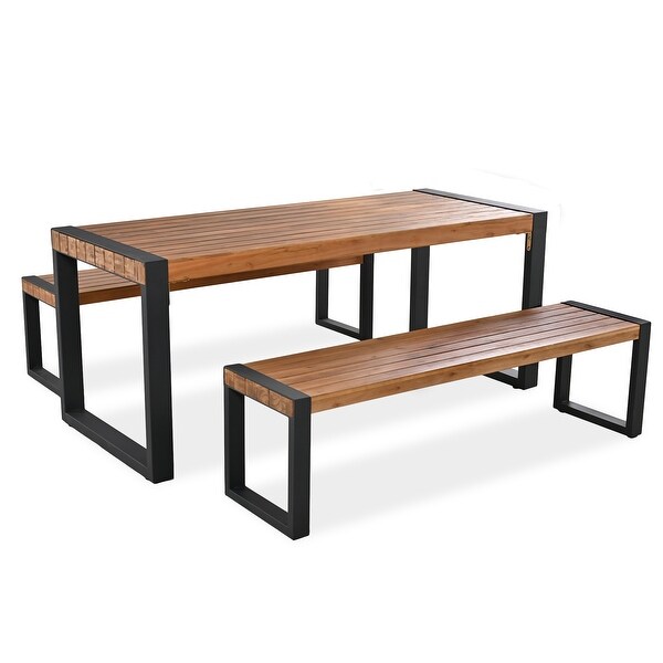 3Piece Acacia Outdoor Picnic Table Set With 2 Benches，With Acacia Wood Top and Steel Frame