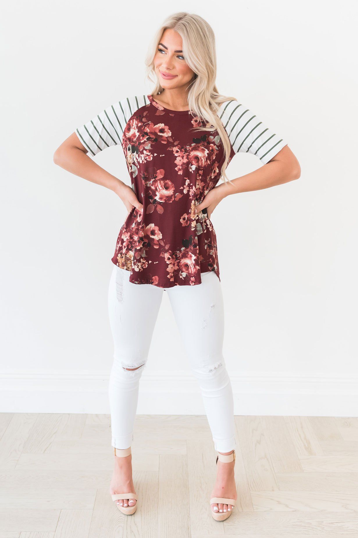 Floral & Stripes Baseball Sleeve Top