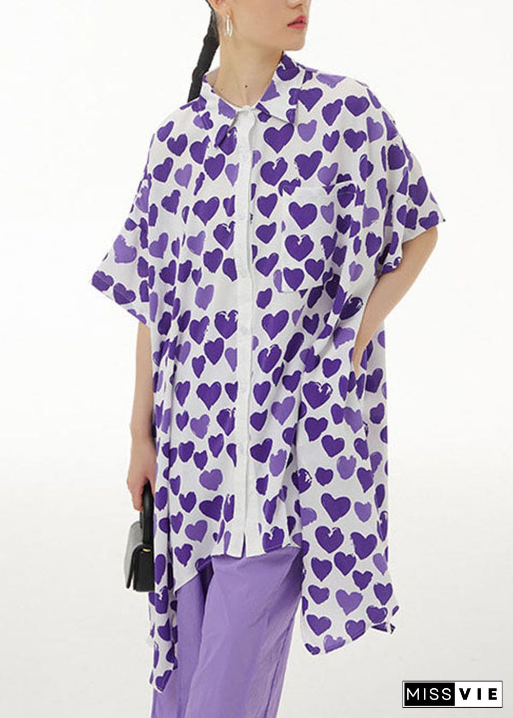 Purple Print Chiffon Shirt Tops Asymmetrical Design Summer