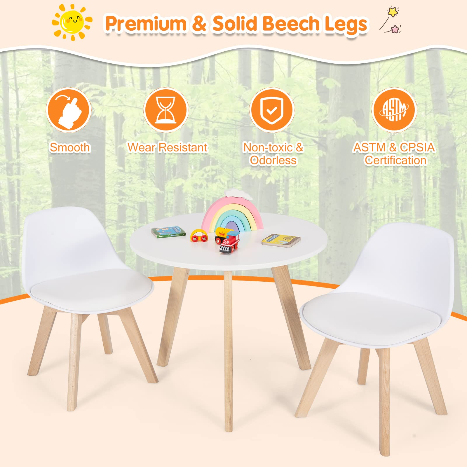 Costzon Kids Table and Chair Set, 3 Pcs Wood Activity Play Table w/Padded Seat & Wood Legs for Arts