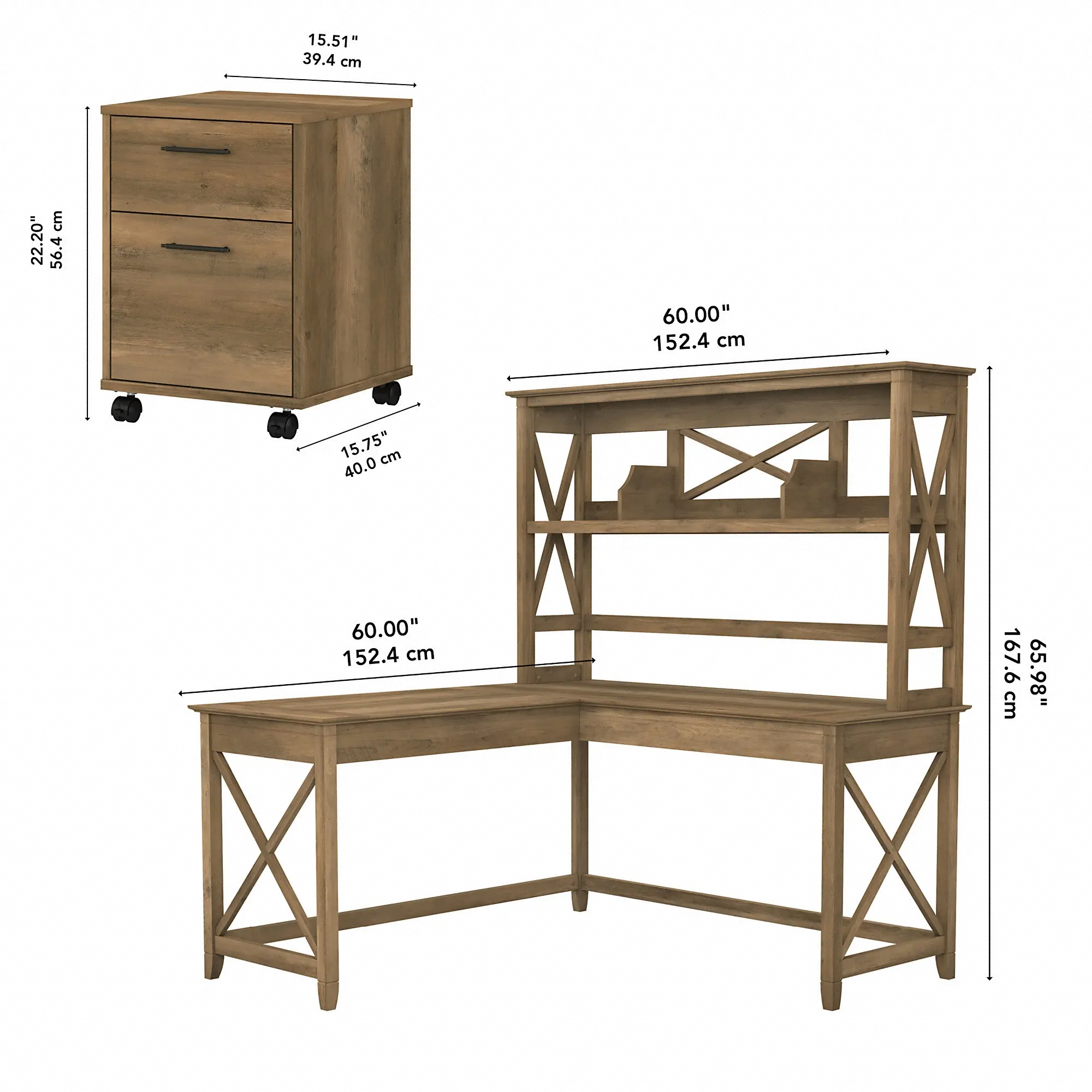 Key West Reclaimed Pine 60 Inch Desk with Hutch and File Cabinet - Bush Furniture