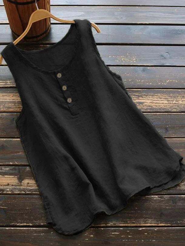 Solid color cotton and linen crew neck vest shirt