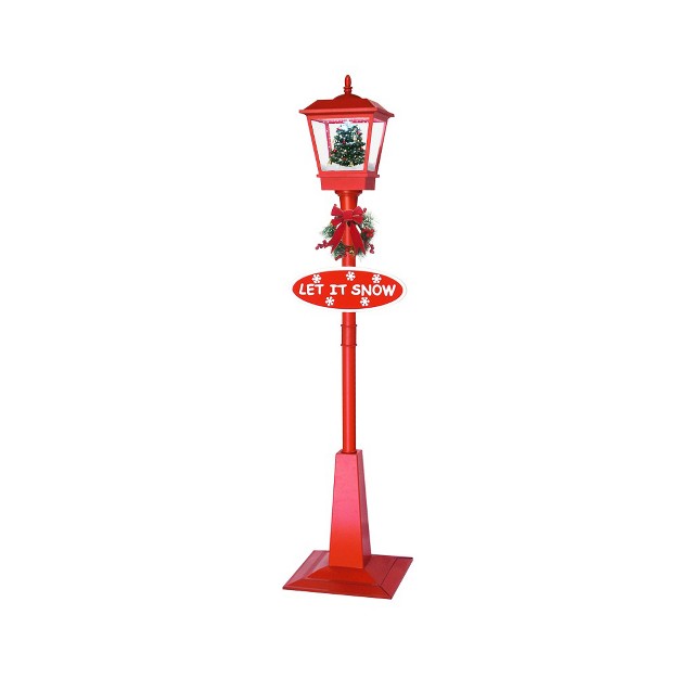 Musical Red Holiday Street Lamp With Christmas Tree Snowfall Lantern