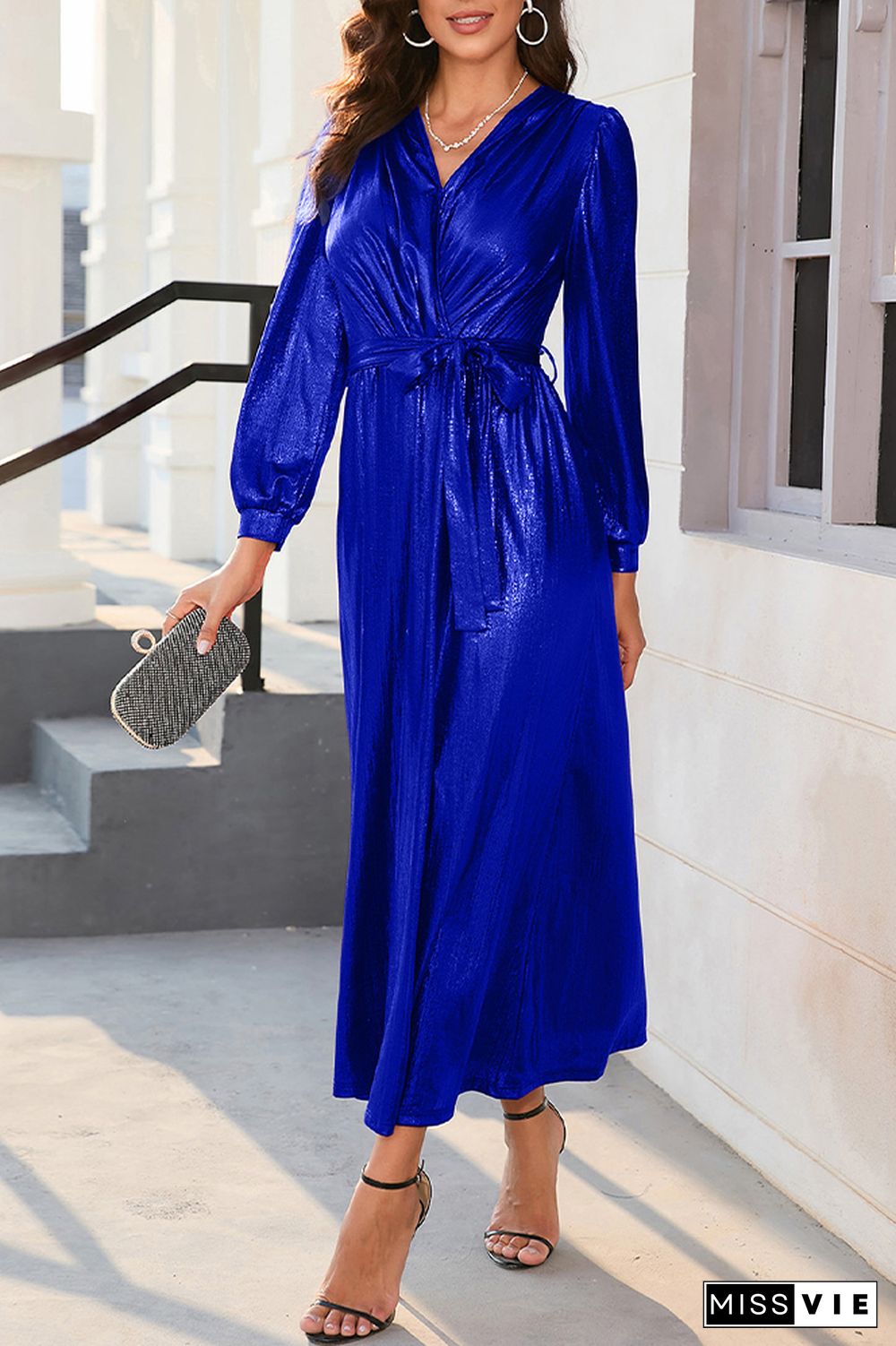 Wrap V Neck Shiny Puffy Sleeves Maxi Dress