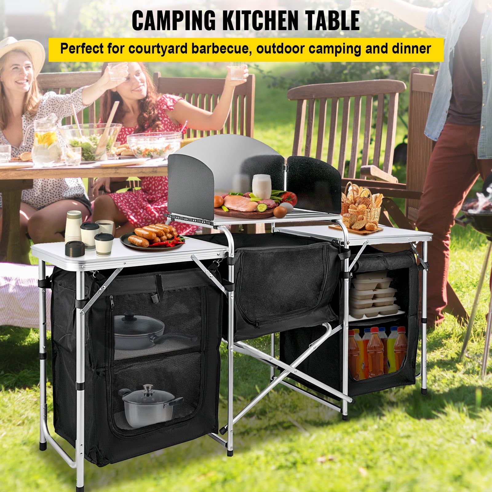 VEVORbrand Camping Kitchen Station, Aluminum Portable Folding Camp Cook Table with Windshield, Storage Organizer, Quick Installation for Outdoor Picnic Beach Party Cooking, Black