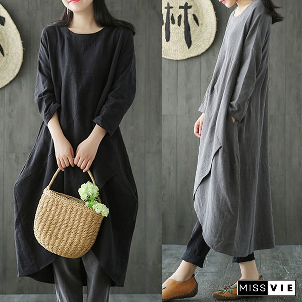 Vintage Women Cotton Crewneck Long Sleeve Baggy Tops Asymmetrical Hem Midi Dress