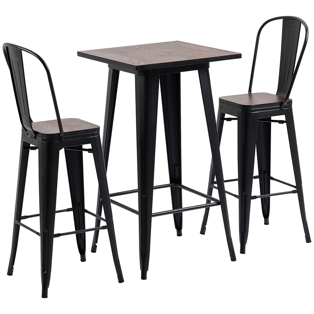 HOMCOM 3 Piece Bar Table Set with 1 Table  2 High Back Chairs and Metal Frame with Footrests for Home