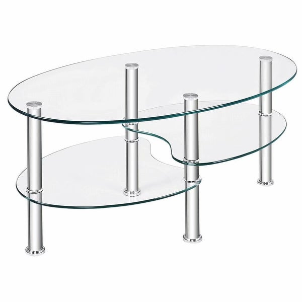 SUGIFT Tempered Glass Oval Side Coffee Table Shelf Chrome Base Living Room Clear