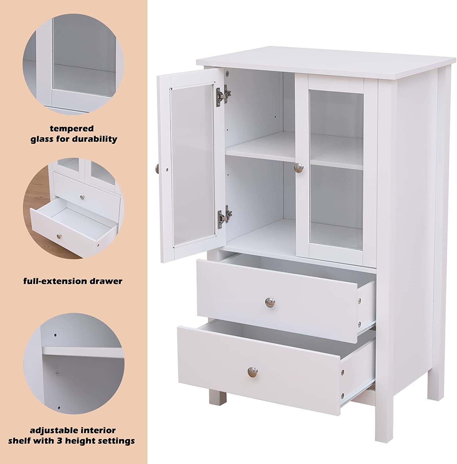 Yoleny Storage Cabinet， 2 Drawers，Transparent Glass Doors， White Wood Sideboard with Shelves for Kitchen Dining Room Furniture