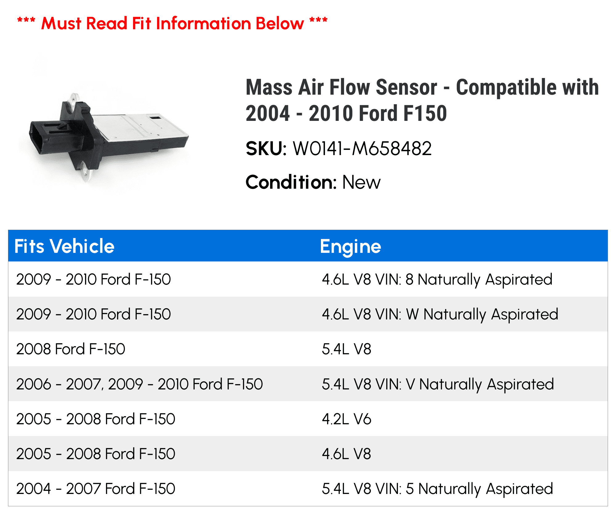 Mass Air Flow Sensor - Compatible with 2004 - 2010 Ford F150 2005 2006 2007 2008 2009