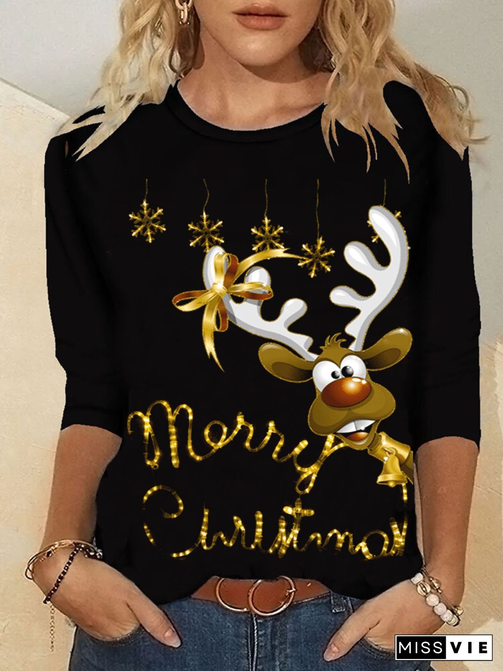 Christmas Xmas Long Sleeve Round Neck Plus Size Printed Tops T-shirts