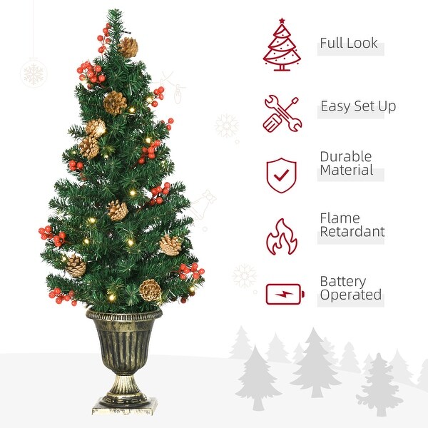 Prelit 4Piece Holiday Christmas Set: 2 Entrance Trees，Garland and Wreath with Warm White LED Lights