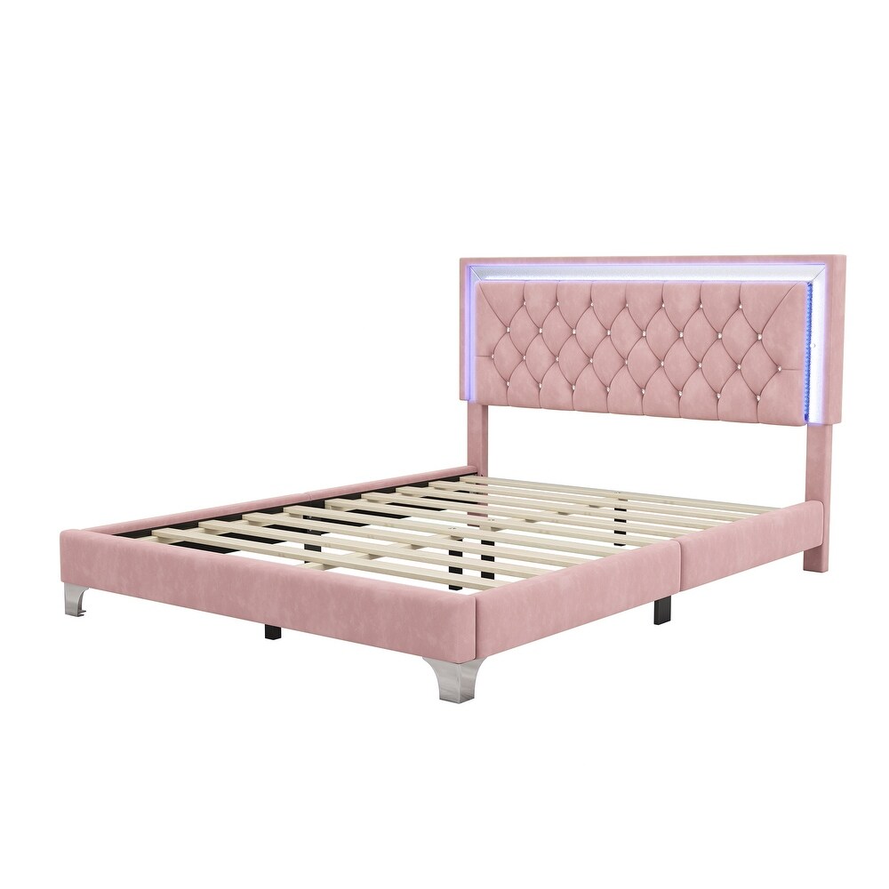 Modern Velvet Queen Size Upholstered Platform Bed Frame with LED Lights and Crystal Tufted Headboard