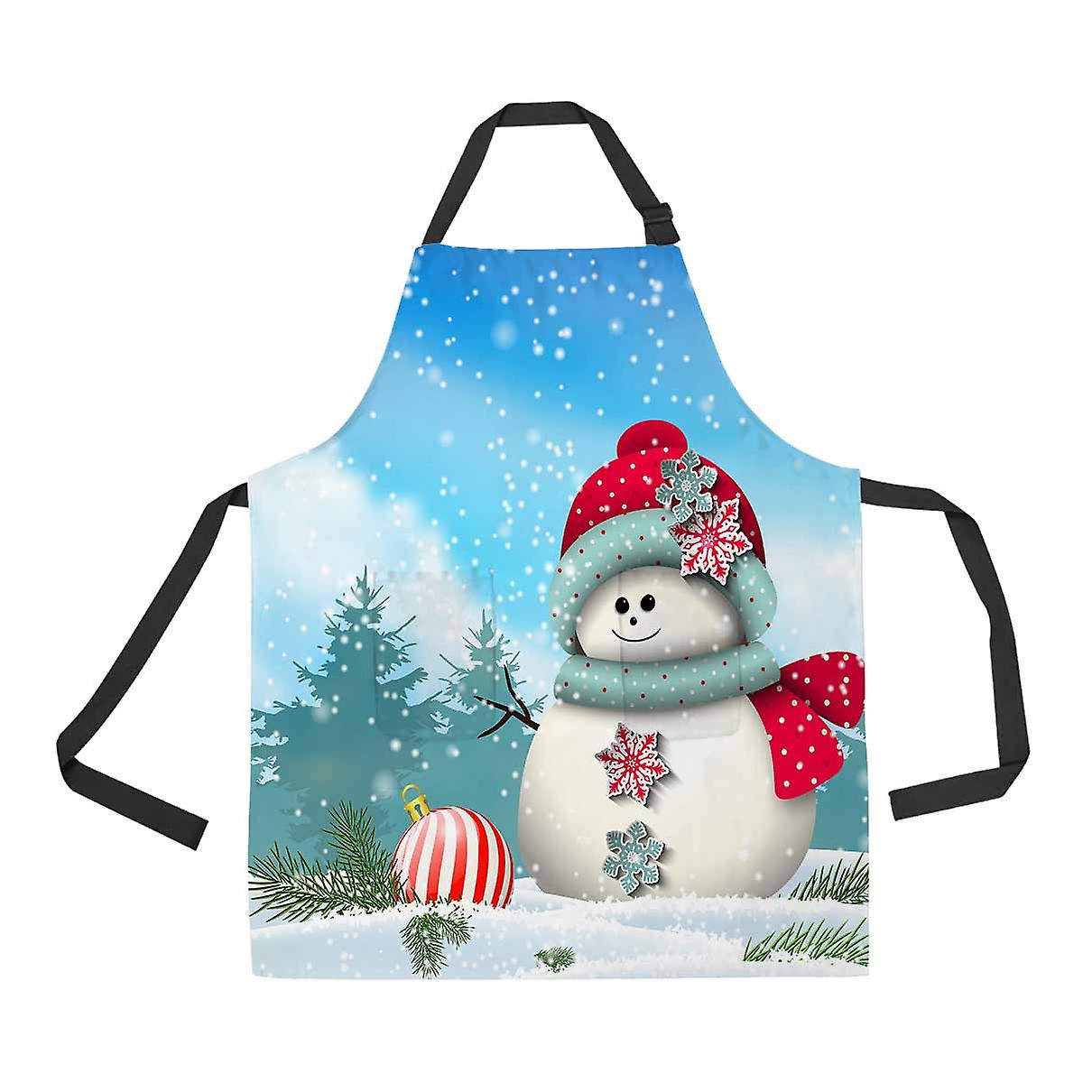 Cute Snowman Snowy Winter Landscape Christmas Unisex Adjustable Bib Apron With Pockets For Commercial Restaurant And Home Kitchen Use