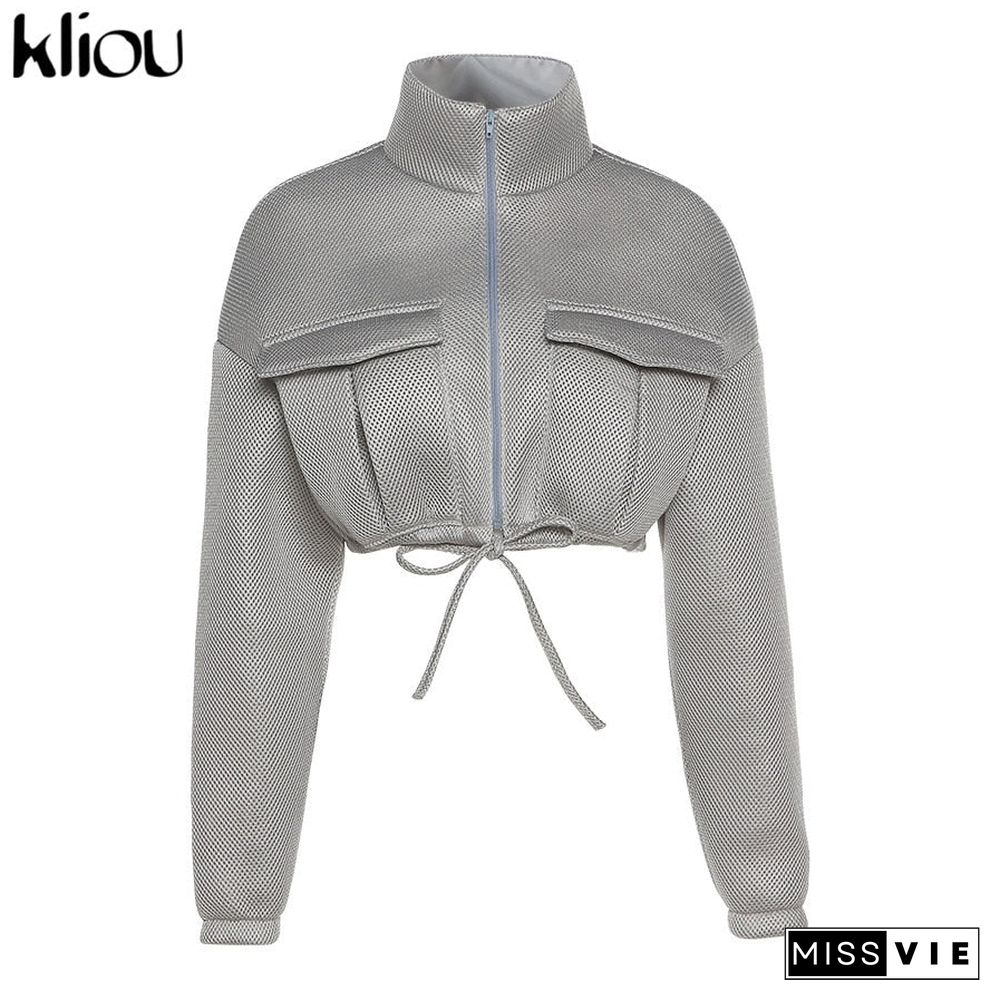 Kliou Mesh Plaid Autumn Spring Coat Women Trend Turtleneck Zipper Pocket Crop Jacket Solid Slim Drawstring Female Outerwear Hot