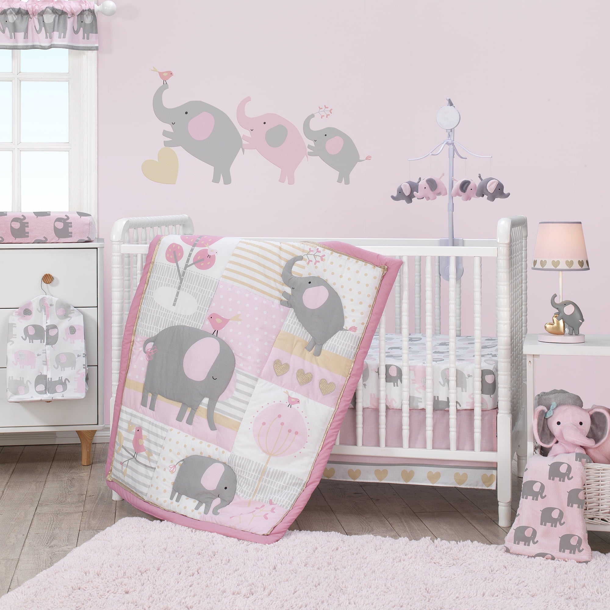 Bedtime Originals Eloise 3-Piece Elephants Crib Bedding Set - Pink， Gray， White， Animals