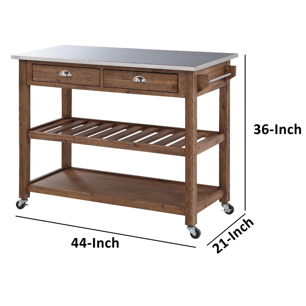 kitchen island on wheels with 2 Drawers Wooden Frame Metal Top and 4 Casters   Open Storage Shelf Lockable Wheels Kitchen Cart