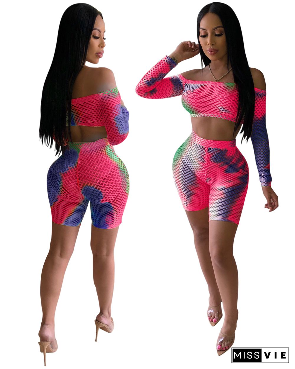 Sexy Colorful Tie Dye Print Fishing Net Off Shoulder Long Sleeve Crop Top Bodycon Shorts Two Piece Set