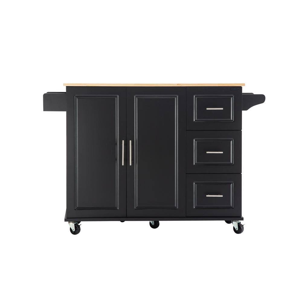 Tileon Black Rubber Wood 53.93 in. Kitchen Island with Drop Leaf Top 3-Drawers Adjustable Shelves and Spice Rack AYBSZHD2576