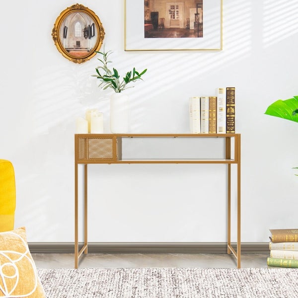 Faux Marble Console Table with Wire Baske for Entryway - 47.5