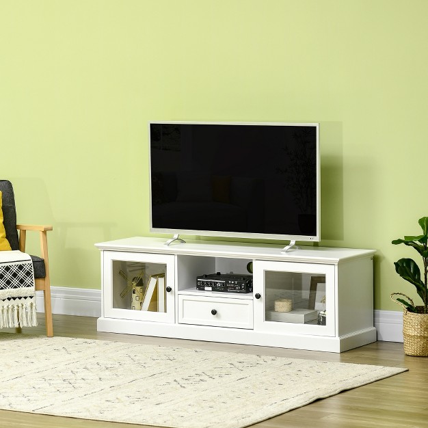 Homcom Modern Tv Stand Cabinet For Tvs Up To 60 Inches Entertainment Center With Drawer And Glass Doors For Living Room White