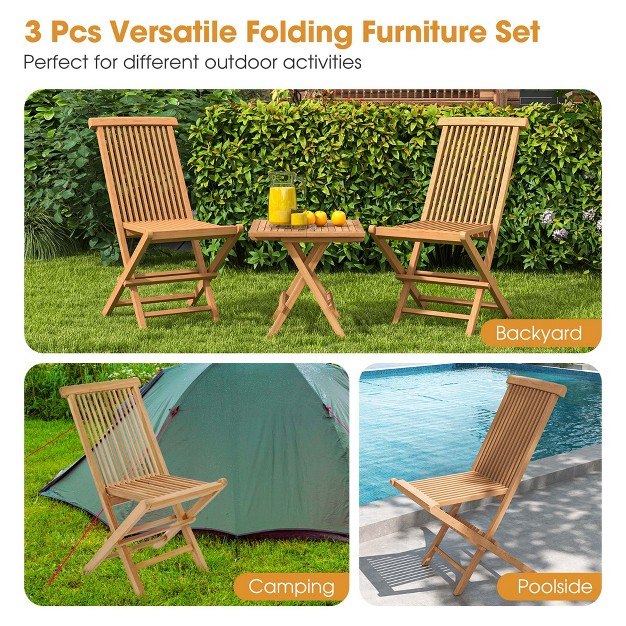 Costway 3pcs Patio Bistro Set Square Table Teak Wood Folding Chair Slatted Tabletop Seat