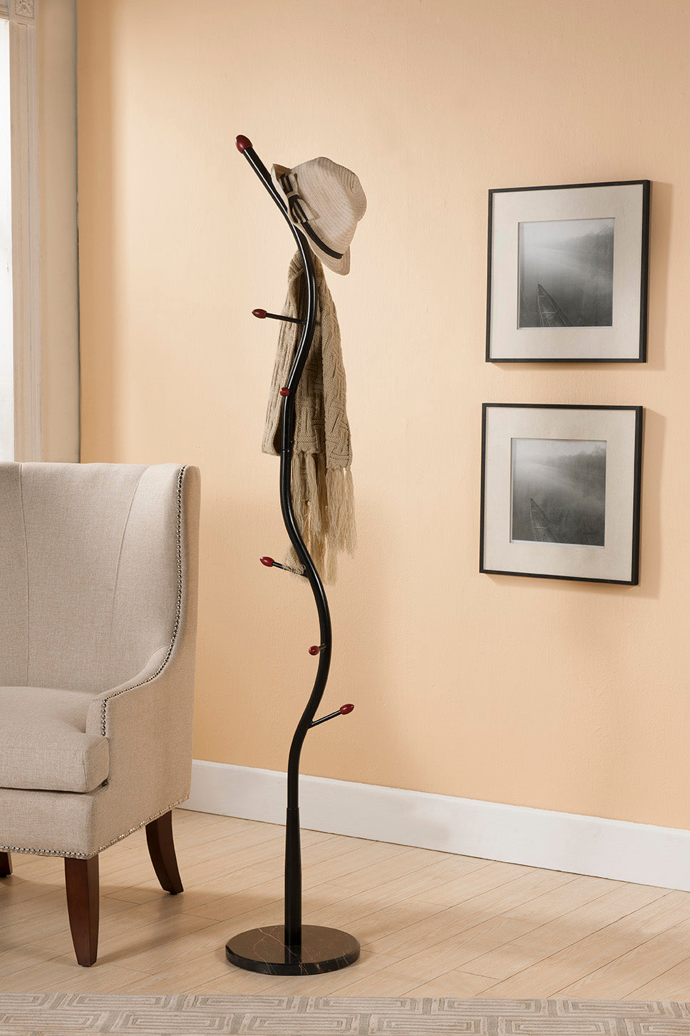 8 Hook Black Metal Coat and Hat Rack Stand With Walnut Hooks