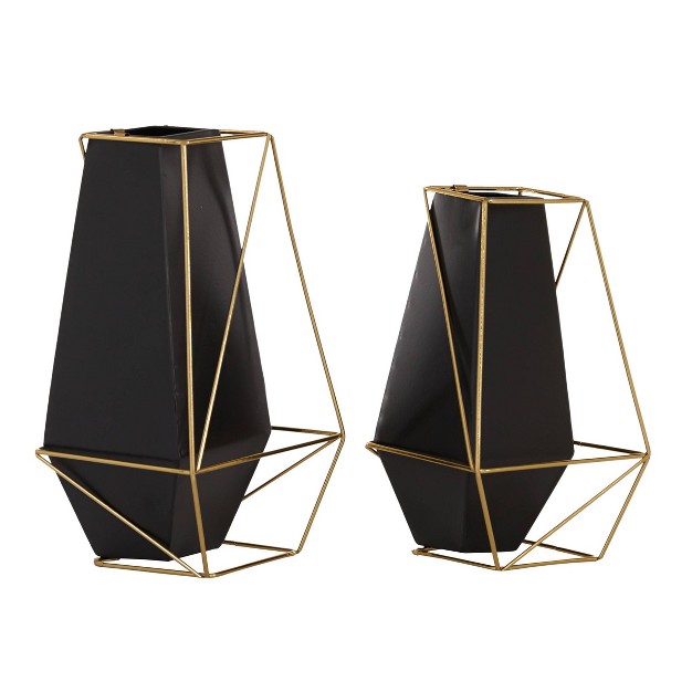 Set Of 2 Metal Geometric Vase With Outer Frame Black gold Olivia amp May