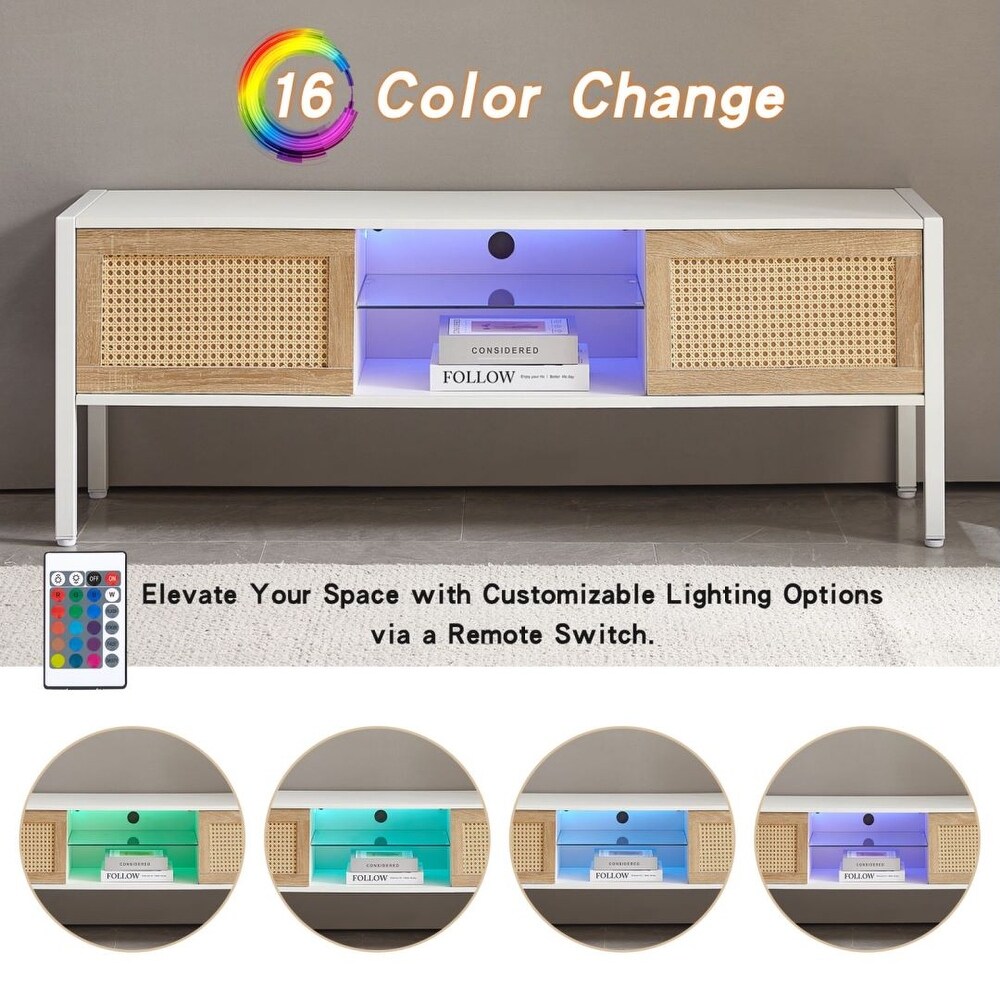 Rattan TV cabinet with variable color light strip AND metal legs