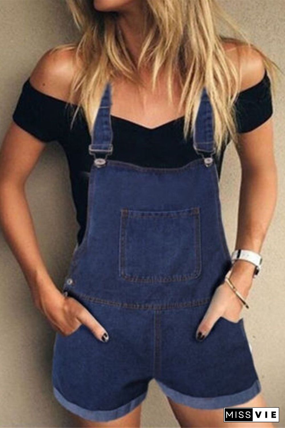 Solid Color Denim Pocket Romper