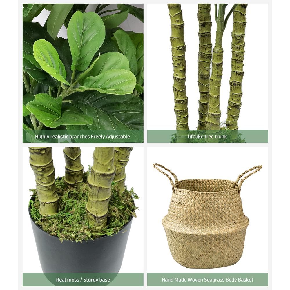 HOMLUX 72 in. Tropical Faux Artificial Fiddle Fig Tree Plants with 131 leaves ， Woven Seagrass Basket， Black Pot F6BD004A29