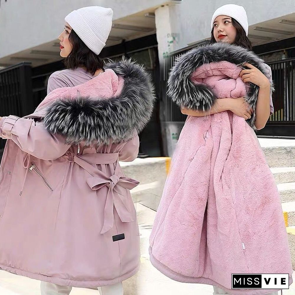 Fashion Long Lamb Hair Liner Parker Cotton Jacket Coat New Warm Women'S Winter Jackets Belt Big Faux Fur Coats Parkas