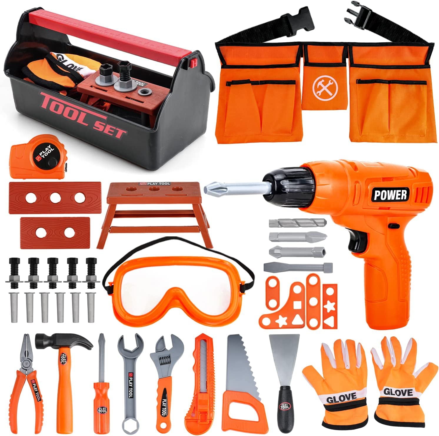 TOY Life Kids Tool Set with Kids Tool Belt， Toddler Tool Set with Electric Toy Drill， Construction Tool Set for Kids Halloween Pretend Play Tools， Toy Tools for Kids Ages 3 4 5 6 7 Years Old， Boy Toys