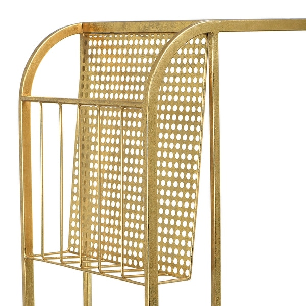 Metal Side Table with Magazine Rack and Glass Top， Gold