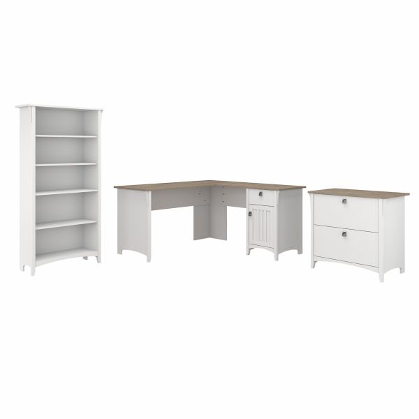 Bush Furniture Salinas 60W L Shaped Desk with Lateral File Cabinet and 5 Shelf Bookcase in Pure White and Shiplap Gray