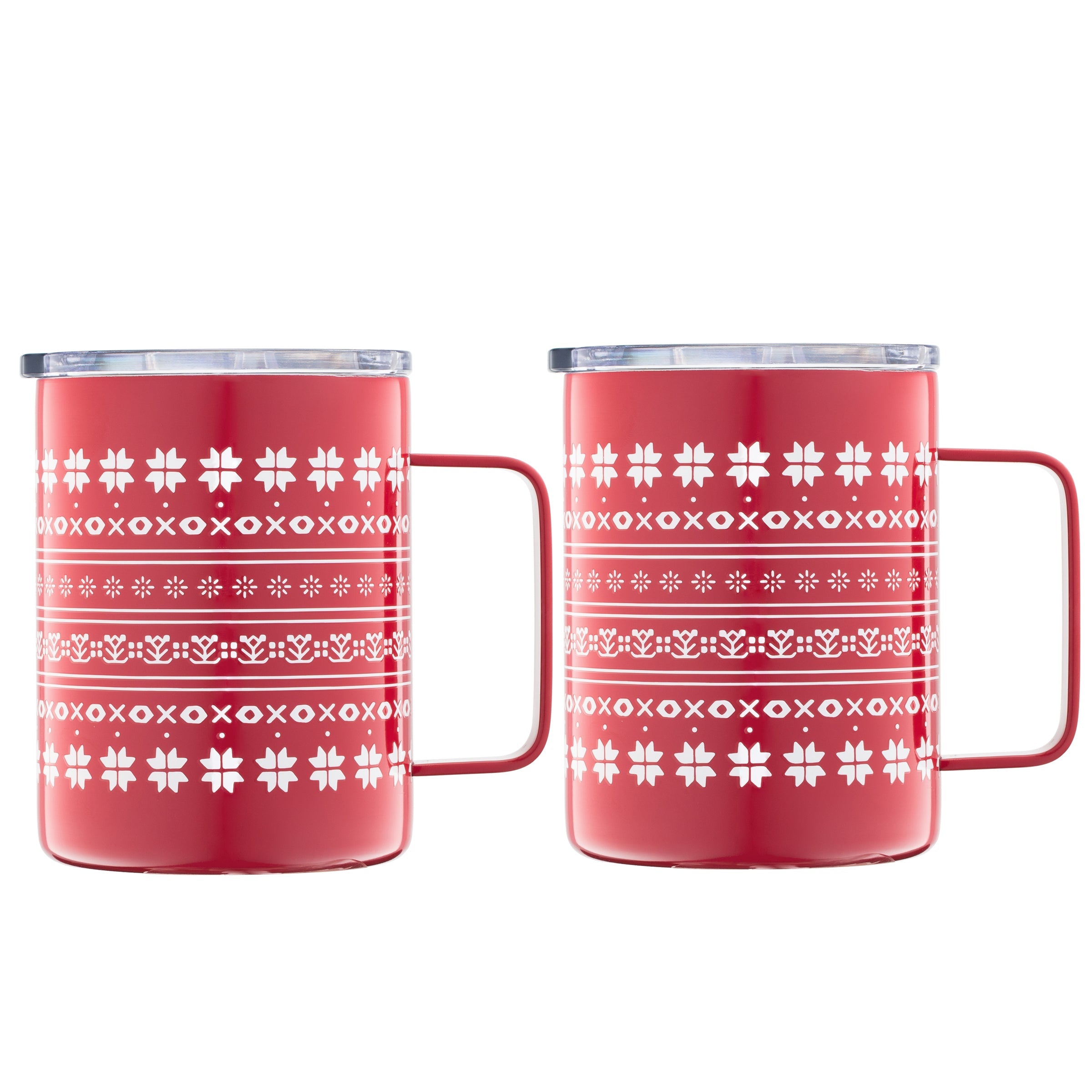 16 Oz White & Red Fair Isle Coffee Mugs, Set Of 2